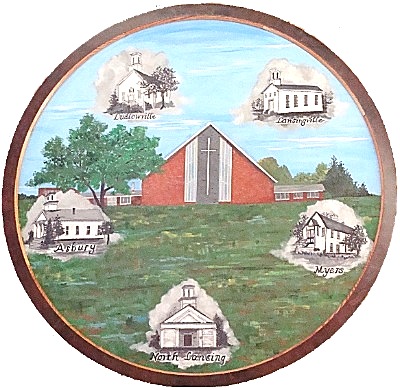 This painting by church member and former Lansing second grade teacher Sue Frahm depicts the Lansing United Methodist Church and the five churches that joined together to form the new congregation. lumc_fivechurches