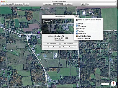 I dropped a pin in the parking lot of the Lansing Town Hall, and am given all kinds of options, including sending it to my iPhone so I can use that to find our seat of government in my car. Sure, the original iPhone Apple Maps got people hopelessly lost in a state wilderness in Australia, but it seems to know Lansing pretty well and Apple has a huge stake in overcoming those intial glitches. mavericks_maps