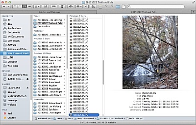 I have a catch-all folder in which I work on random images and Word files for each issue. Then I have individual folders for articles I am working on that hold all the pictures for that article. In this screen shot I have both open in two tabs (you can have many more tabs open at a time -- I only needed these two this morning). You can see the two tabs near the top of the window -- it's handy only needing one Finder window open for multiple folders. maverics_finder