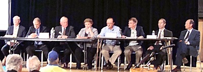 The panel at the New York State Public Service Commission's public hearing on Cayuga Generating Facility Repowering Alternatives included (left to right) New York State Public Service Commissioner Gregg C. Sayre, Office of Electric, Gas and Water's Steven Keller, Administrative Judge David Prestemon, New York State Public Service Commission's Erin O'Dell-Keller, Cayuga Power Plant's Project Manager Douglas Roll and CEO Jerry Goodenough and NYSEG's Tim Lynch and Jim Landon pschearing_panel