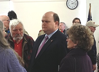 Talking to constituents after the town hall meeting. Shown (at left) Dan Konowalow and (at right) Tompkins County Legislature Chairwoman Martha Robertson reedfeb2_withkonowalowandrobertson