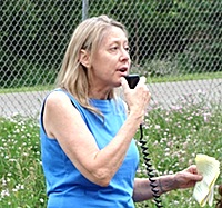 Tompkins County Legislator Carol Chock speaking at a June 29th Cayuga Power Plant repowering protest repowering_chock200