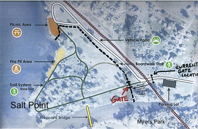 The black dotted line shows a line of concrete barriers that will block most of the park from vehicular traffic saltpointplan