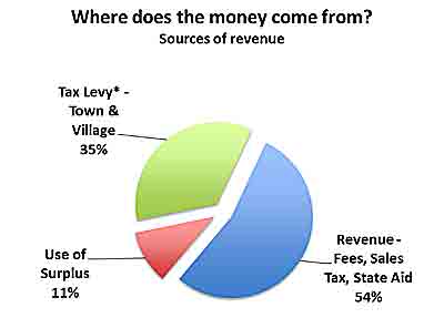 Less than half of the $4.85 million budget will come from property taxes. The rest comes from revenue, including Codes Office fees and Parks and Recreation fees and sales tax, and the remainder comes from surplus funds that were not spent last year. tb_incomesources