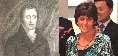 Governor Daniel D. Tompkins and his direct descendant Clerk of the Legislature Cathy Covert tclchamber_tompkinscovert