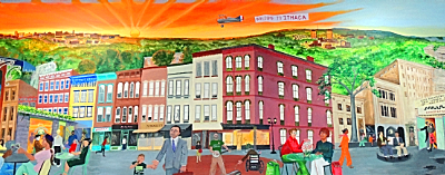 Local Artist Dan Burgevin painted the mural in the Ithaca Downtown Visitor Center Downtown Mural Hero