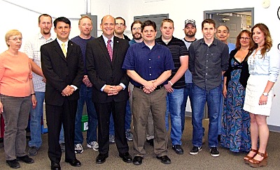 The whole staff took time to meet with Congressman Reed for a brief talk and to pose for a picture. (Left to right) Rose Wright, Kane McAfee, Alex Deyhim, Rich Jayne, Congressman Tom Reed, Brandon DeRusso, Tim Shea, Eric Van Every, Josh Stranger, Chris Spencer, Cameron Adams, Jim Varga, Pam Hinshaw, Betsy Kemp adc_staff