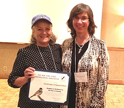Town Supervisor Kathy Miller (left) and Friend of Salt Point Katrina Binkewicz accepting a Certificate of Appreciation from the New York State Ornithological Association Saturday birds_kathykatrina