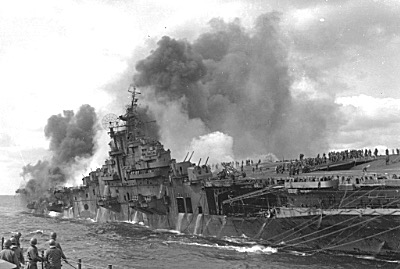 The USS Franklin ('Big Ben') returns to Pearl harbor after being bombed by the Japanese. From the Photograph Collection Marine Corps Archives & Special Collections bobboda Franklin1955