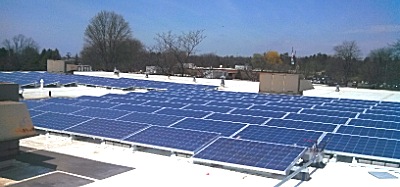 The 216-panel solar array will generate 53 kilowatt hours in a year, approximately 3.8% of total annual campus electric usage. (Photos courtesy of David Pitcher) bocessolar_array
