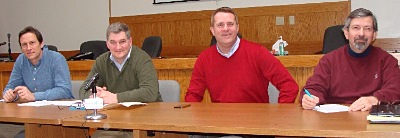 Left to right: Finger Lakes Land Trust Executive Director Andy Zepp, DEC Regional Director Kenneth Lynch, Tompkins County Legislator Mike Sigler, Lansing Councilman Ed LaVigne. Sigler invited Lynch to update residents on the prospect of a state forest or Wildlife Management Area on about 500 acres of lakefront property in northwestern Lansing. bs_panel