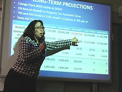 Business Administrator Mary June King points to the impact of using up school reserves, which could mean a 6.43% tax increase in 2016 budget_projmjk
