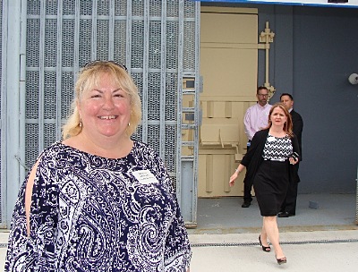Deputy County Clerk Maureen Reynolds outside the electronic data storage bunker at FLTG Park bunker_reynolds
