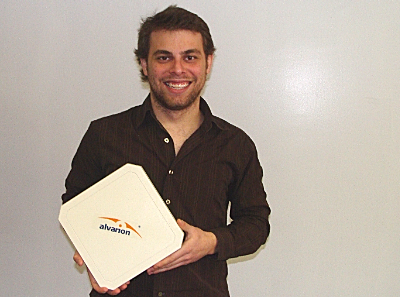 Clarity Connect's Luca Fustinoni holding a wifi dish. The photo at the top of this article (courtesy of Clarity Connect) shows how unobtrusive it is in a typical installation. clarity_lucafustinoniwithdish