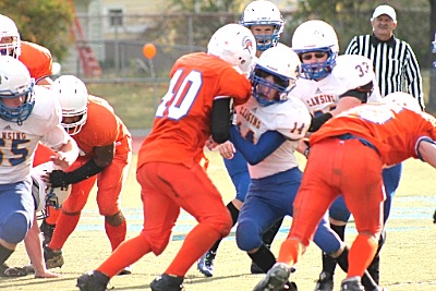#33 Jerry Howser running the ball behind lead blocker #14 Jesse Craig football 1015J