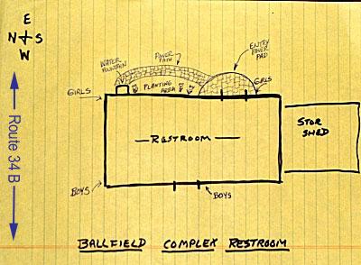 AA plan shows a new garden and paved walkway that is wheelchair accessible as well as major upgrades inside the rest rooms. gs_brplan