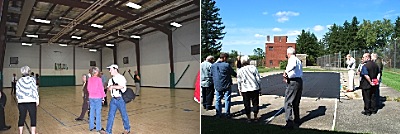 A large gymnasium sports an outdoor swimming pool and outdoor athletics fields gs_gym