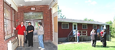 County Legislator Mike Sigler, Father James Worthington and Lansing Councilman Ed LaVigne in the psychiatric care building (left). At right is a row of two bedroom apartments. gs_psych-aprtmts