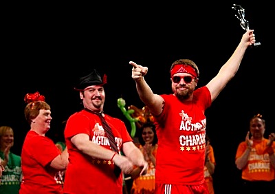 Charades Champion's Remarkable Reds team members Kelly Jackson, Bruce Warren, Jamie Wells Photo Credit: Rachel Philipson hangar charades reds
