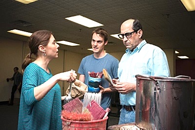The cast of RED in rehearsal with the Hangar Theatre's new artistic director Jen Waldman (left). Paul-Emile Cendron (center) and David Studwell as Mark Rothko. Photo credit: Rachel Philipson hangar_red400