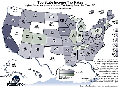 Darker is higher taxes, lighter is lower. Map courtesy of the Tax Foundation (click map for original page and larger map) incometax_rates