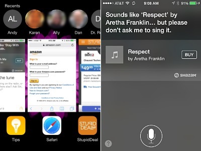Double click the Home button (below the touch screen on your phone) and you now get shortcuts to call or text. Siri can identify songs now. ios_multitask-siri