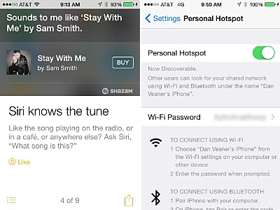 The Tips app told me about asking Siri to identify tunes, and it gets new tips weekly. You can turn your phone into a wifi hot spot, but beware of data charges. ios_tips-hotspot