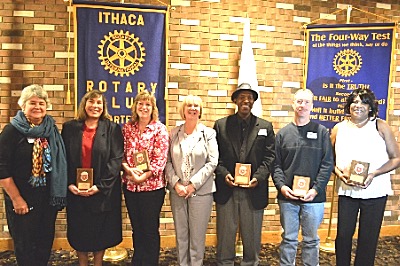 Left to right: Nominator Susan McCormick, awardee Gay Mathews; awardee Michelle Saraceni, nominator Susan Currie; awardee Curtis Barrett; awardee Dennis Rinker; awardee Sherrie Flowers ithRotaryawards201411