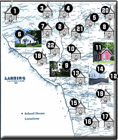 Over 100 individual school houses were in Tompkins County in the late 19th and early 20th centuries. Lansing alone had 22, some of which are still standing in various stages of disrepair today. They were the Lake Ridge School (1). the Fenner, later Brown, School (2), German School (3), French School (4) North Lansing School (5), Drake School (6), Lansingville School (7), Munson School (8), Ludlowville Union School (9), North, later Searles, School (10), East Lansing School, (11), a school about a mile west of East Lansing (12), South lansing School (13), Field School (14), Lake Road School (15), Gibbs School (16), Brown School (17), Bebe, also known as Haring, School (18), Head School (19), Mutton Hollow School (20), Early North Lansing/Genoa School (21), Lobdell or Emmons School (22). A 23rd, the Sage School, was added later. (Information provided by Lansing Historian Louise Bement) lansingschoolhouses