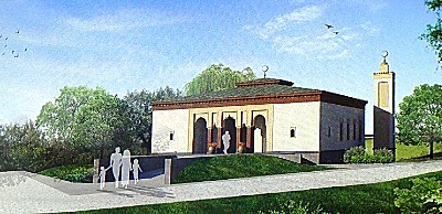 An artist's rendering shows the entrance to the mosque from the parking lot mosque_rendering400