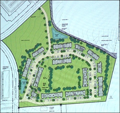 The NRP project proposes 80 rental townhouses and a club house arranged around a circular road to the east of the main Town Center street nrp_projmap