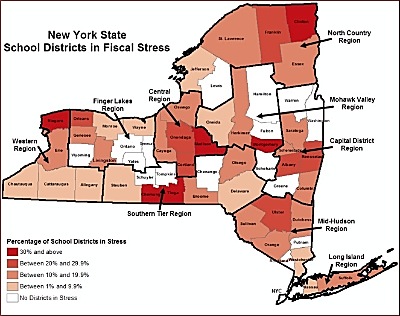 This map, released yesterday by the New York State Comptroller's office, shows counties with school districts in fiscal stress. Darker shades of red indicate more districts in stress. White indicates none. Tompkins County is shown in white. nys_fiscl_stress