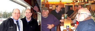 Congressman Tom Reed swaps hunting stories with David Howe and other hunters Saturday during a predator hunt at Candor Pirates Club reeddpc_howe_bar