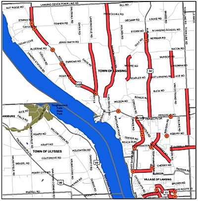 This map shows the top 20 most dangerous road segments and the top 20 most dangerous intersections in the Town and Village of Lansing roads dangermap