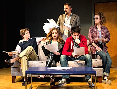 From left: Matthew Bretschneider, Alex Sunderhaus, Brian Dykstra, David McElwee, and Dana Berger in the Kitchen Theatre's production of SEMINAR by Theresa Rebeck. Photos by Dave Burbank. seminar-1