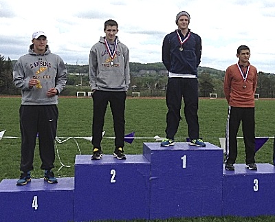 Dylan Bland (1), Max Jordan (2) and Ben Rourke (4) on pole vault podium; Ben Rourke (above) in 110 Meter hurdles track052014_400