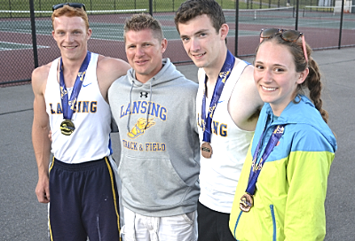 (From left) Dylan Bland, Coach Matt Scheffler, Max Jordan, Hayley Wigsten trackstates_athletes