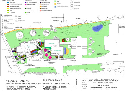 A bid for landscaping the new Village of Lansing Hall was accepted Monday. The plan shows a variety of trees and shrubs, grass and meadow areas, and four bioretention filters. Village of Lansing Planting Plan