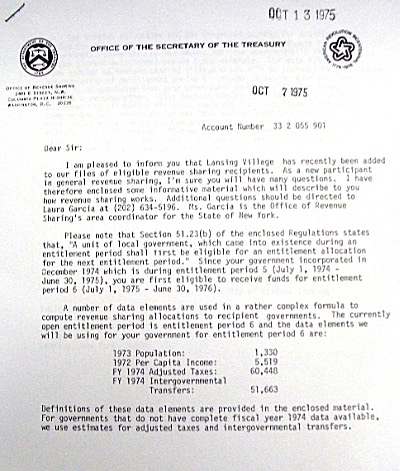 The very first letter from the New York State Secretary of the Treasury establishing the Village as its own enterprise. vha statedoc