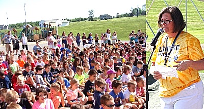 The entire school attended the unveiling. Principal Christine Rebera (right) led the festivities. buddybench kidsandrebera