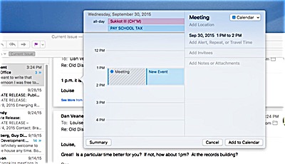 I was making an appointment in email, and clicked on the agreed-upon time. A window popped up for entering the event into my calendar. It saved having to load the Calendar app and entering the meeting from scratch. El Capitan Mail
