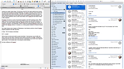 Split Screen is a new twist on Sull Screen mode, allowing the full screen to share two apps at once. here I am splitting my screen between an editor I used to write this article and the Mac Mail app. El Capitan