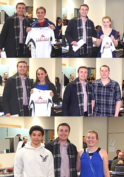 Nick Karski presents Lansing MVP Athletes with T-shirts. Clockwise starting at upper left: Alex Purcell, Caroline Dennis, Joe Koch, Sarah Gisler, Tim Kelley, Adele Ferris. Lansing Ehrhart Energy Fueling Excellence MVP Recipients