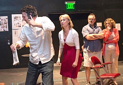 Rehearsal for God of Carnage at the Hangar Theatre June 11-20. Cast (from left to right) Brendan Powers (Alan), Hillary Parker (Annette), Bill Langan (Michael), Amy Tribbey (Veronica). Photos by Rachel Philipson hangar carnage 400