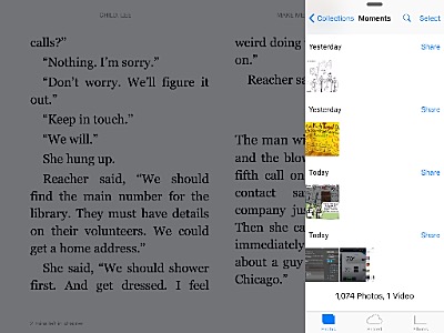 SlideOver, shown here slifing the Photos app over the Kindle app, lets you choose from a list of apps SlideOver