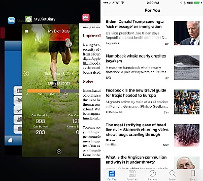 The multi-tasking screen (click the Home button twice) has been redesigned, but is functionally the same. You still swipe right or left to find an open program, then touch to load or swipe upward to close it. The only really new app is News (right). It is a simple aggregator, not better than some apps that have existed for years. iOS 9