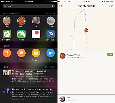 Search (left) is cooler looking with suggestions and recent contacts. Find Friends keeps you up to date on where people you care about are located. iOS 9