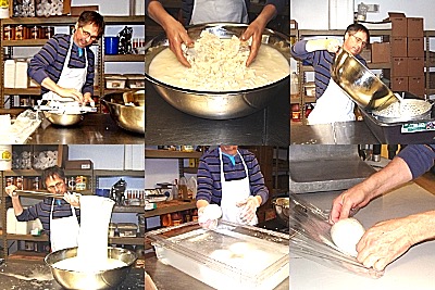 Northeast Pizza and Scale House Brew Pub owner Steve Fazzary makes fresh mozzarella cheese from large curds. nep cheesemaking