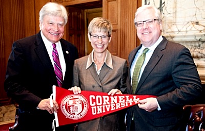 Left to right: Senator Mike Nozzolio, President Elizabeth Garrett and Senator Tom O’Mara. nozollio cornellpres