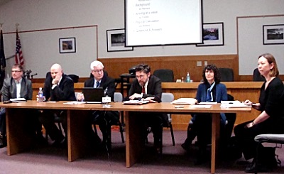 Left to right: Upstate New York Power Producers Chief Operating Officer Jerry Goodenough, Tompkins County Director of Assessment Jay Franklin, Tompkins County Administrator Joe Mareane, TCAD President Michael Stamm, Attorney Mariette Geldenhuys, TCAD Office Manager Ina Arthur pilot infopanel
